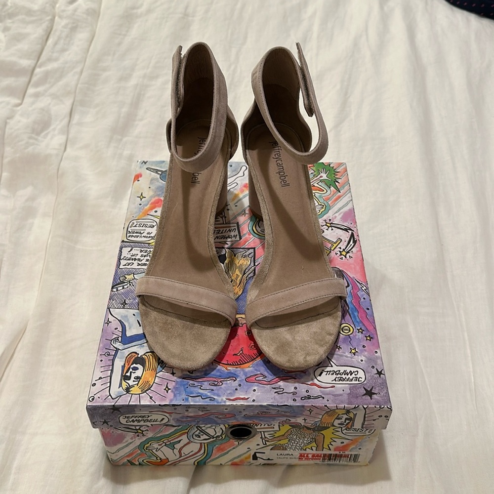 Jeffrey Campbell Laura Ankle Strap Heeled Sandle, Taupe Suede, Size 9